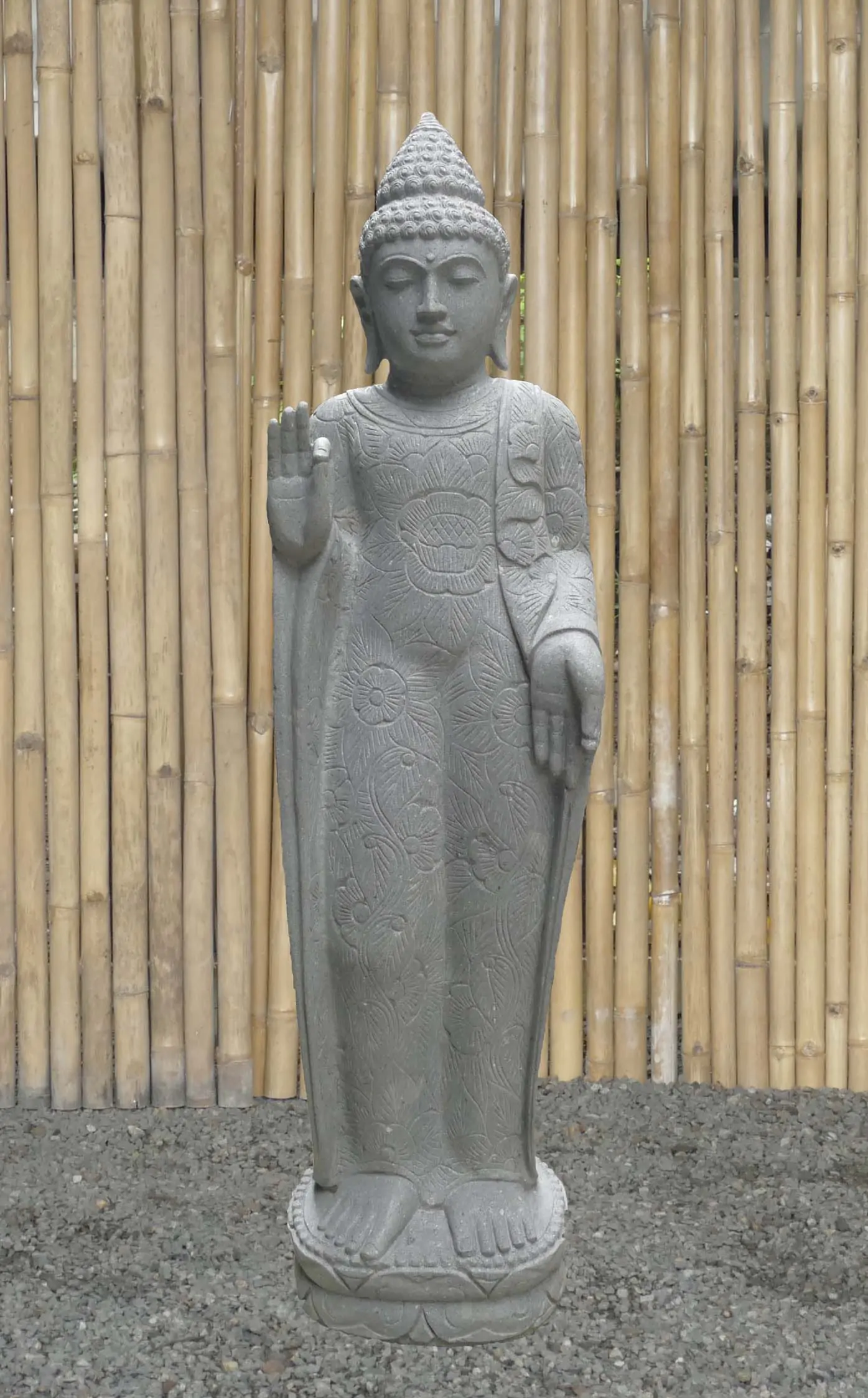  Product image 2 of the product “Standing Buddha with floral carving, Abudaya position. 40 x 28 x 152cm. Natural stone (river stone), stonemasonry ”